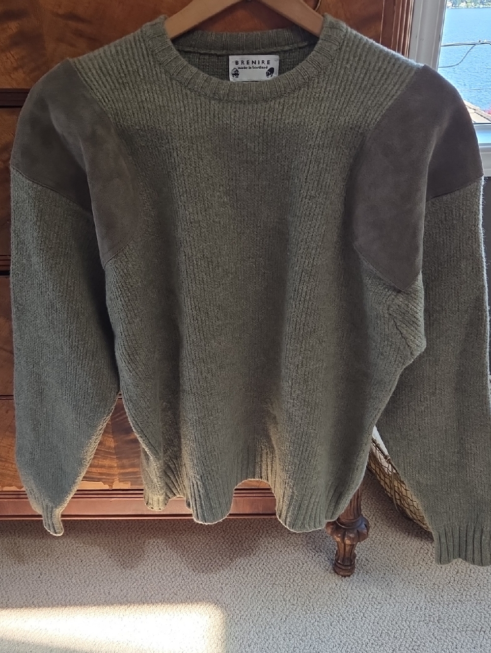 Brenire Scottish Wool Men's Olive Crewneck Sweater with Suede Elbow Patches
